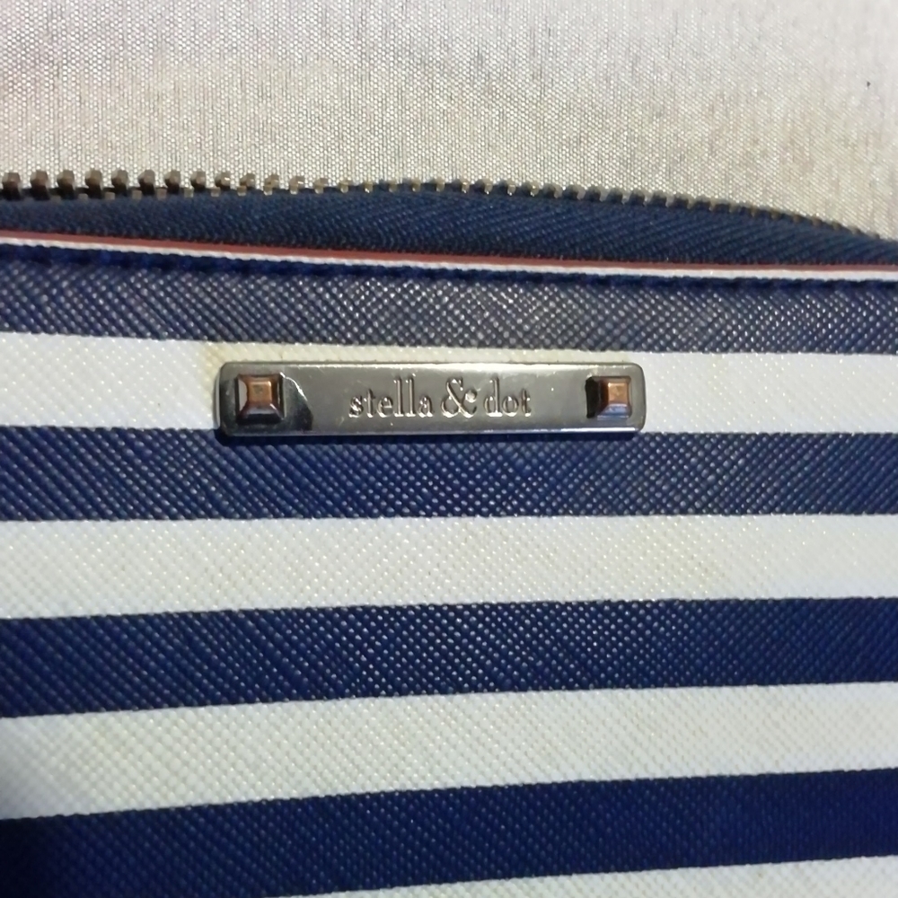 Stella and Dot clutch, navy blue and white stripe, zip around. - Picture 2 of 5